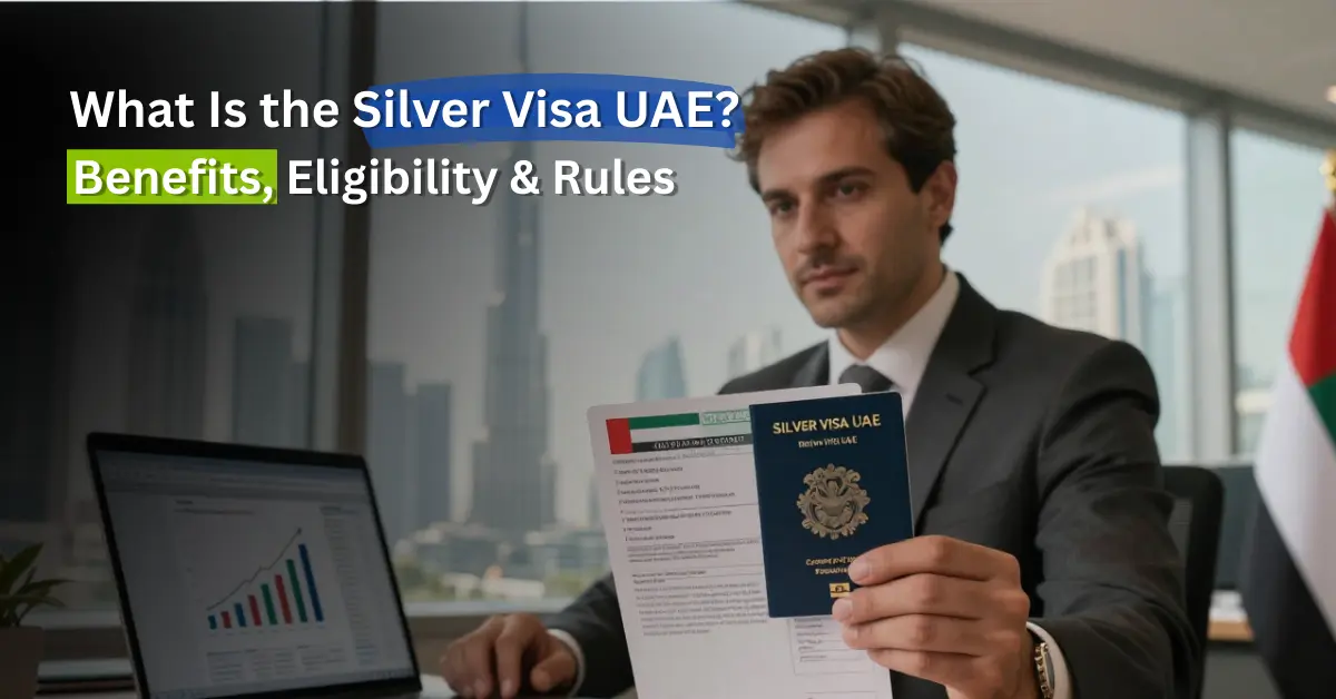 A professional business consultant in a Dubai office explains the benefits of the 5-year UAE Silver Visa, including family sponsorship, job freedom, and banking access, to a professional couple.