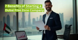 A corporate meeting in a modern Dubai office where a consultant points to a whiteboard listing "Business topics," "Family Sponsorship," "Visa," and "License issue" to an Emirati businessman.