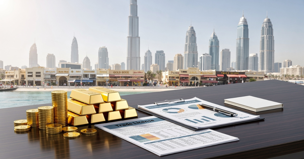 Gold trading license documents with gold bars and Dubai skyline representing licensed gold trading business