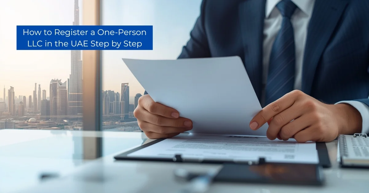 Image of a businessman holding documents with a Dubai skyline background and text: "How to Register a One-Person LLC in the UAE Step by Step."