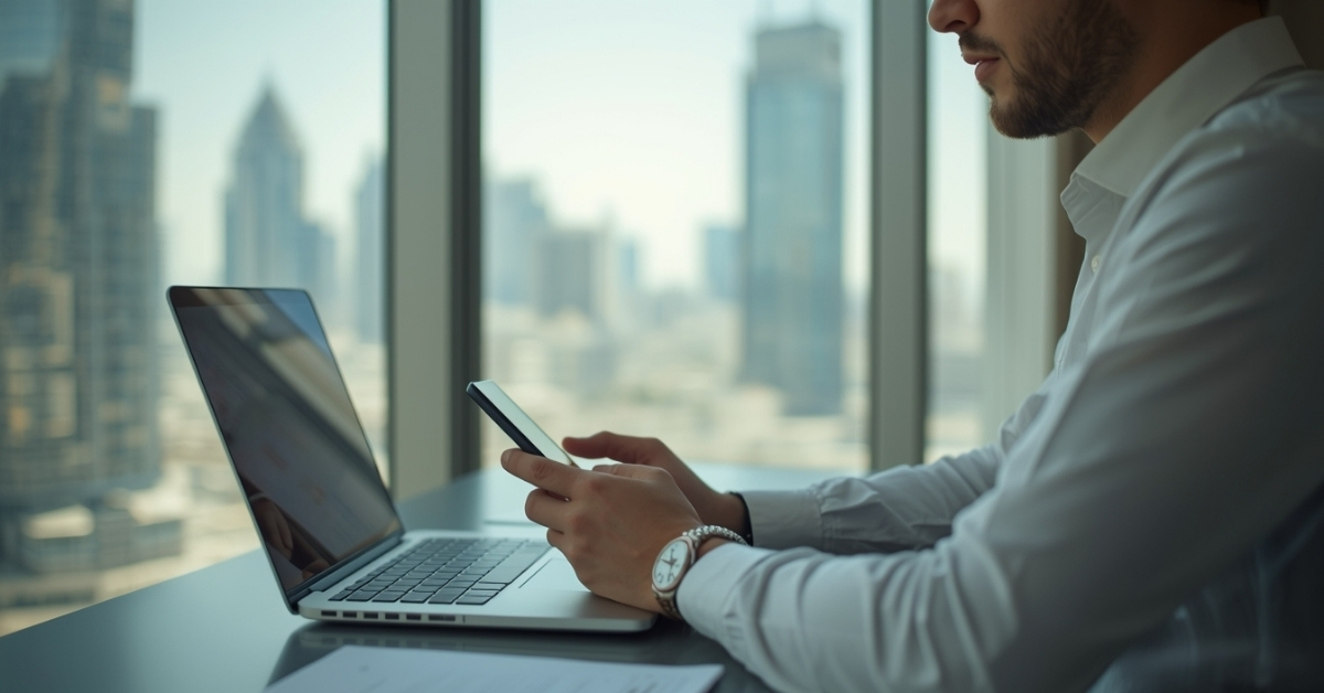 Business professional using a smartphone and laptop in a modern office with city skyline view, representing digital communication and corporate operations.
