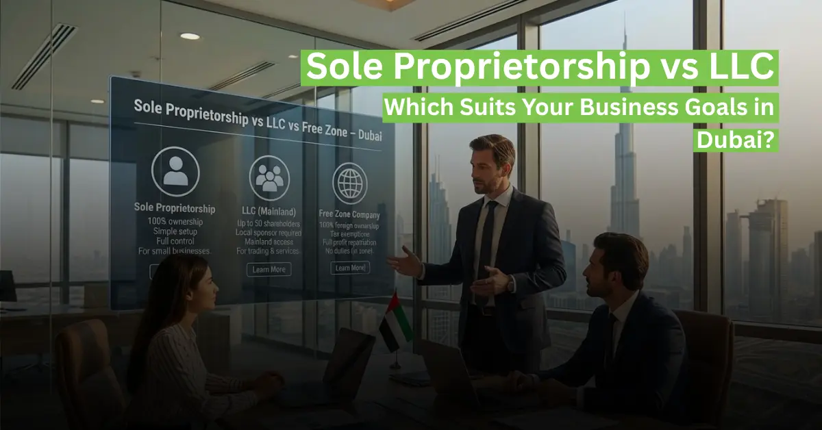 A business consultant in a modern Dubai office explaining a digital comparison chart of "Sole Proprietorship vs LLC vs Free Zone – Dubai" to two entrepreneurs. The screen highlights ownership details and "Learn More" options, set against a backdrop of the Burj Khalifa and UAE flag.