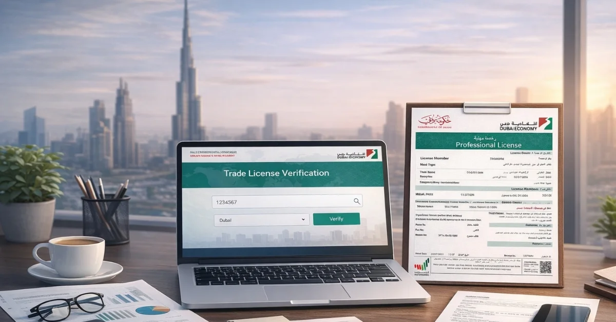 Image of a laptop displaying a trade license verification search bar next to a Dubai professional license document.
