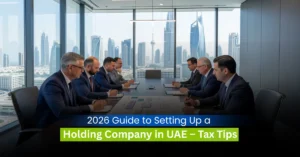 Corporate executives reviewing holding company structure and tax strategy in UAE boardroom.