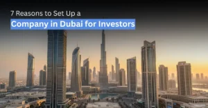 Dubai financial district skyline at sunrise representing global business opportunities.