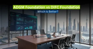 Professional wealth management concept comparing ADGM and DIFC foundations with headline about choosing the right structure.