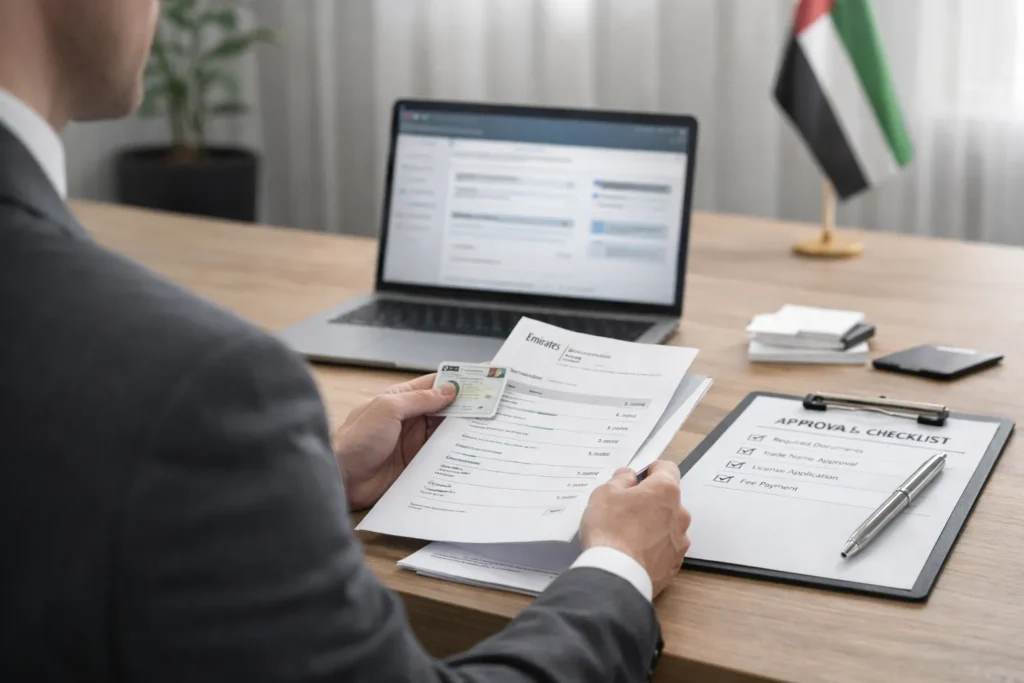Business professional completing professional licence application process in Dubai office.