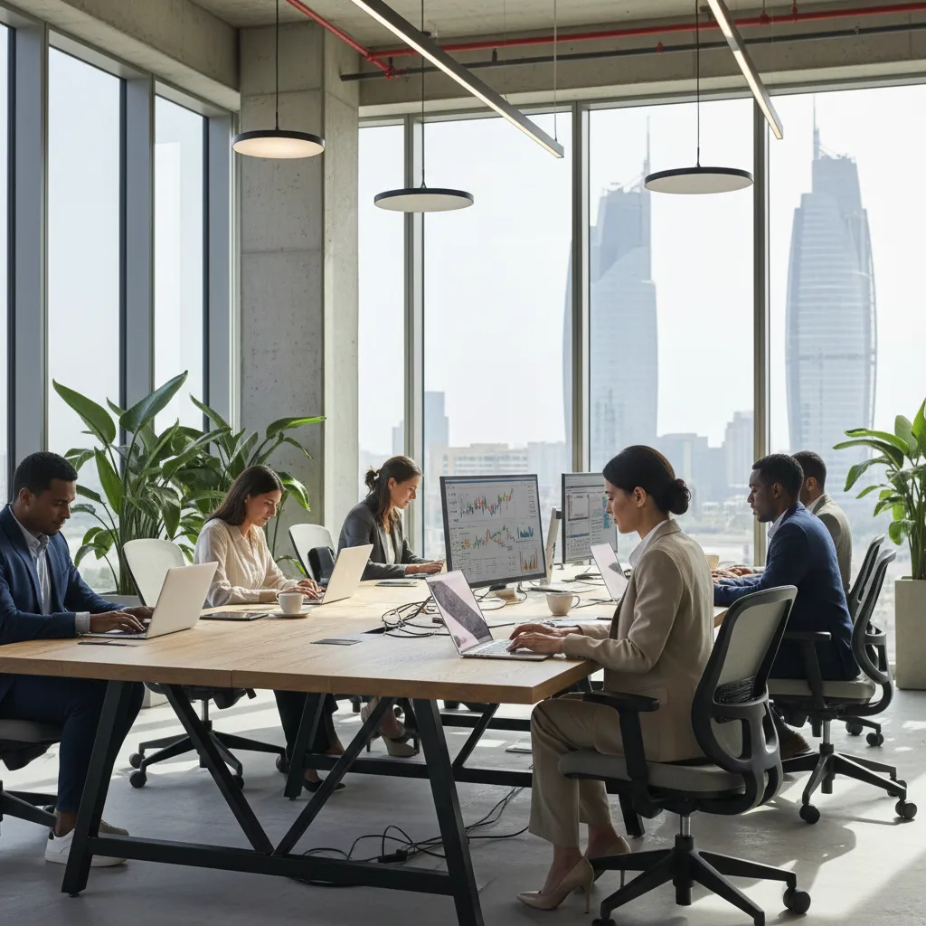 Abu Dhabi business professional in a modern office reviewing financial plans, highlighting advantages and benefits of setting up a business in the city.