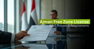 Business consultant presenting Ajman Free Zone license documents in a professional UAE office.