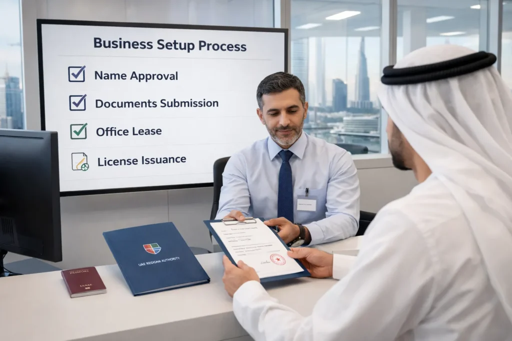 Entrepreneur submitting business documents at Dubai service center with readable text about General Trading License application process.