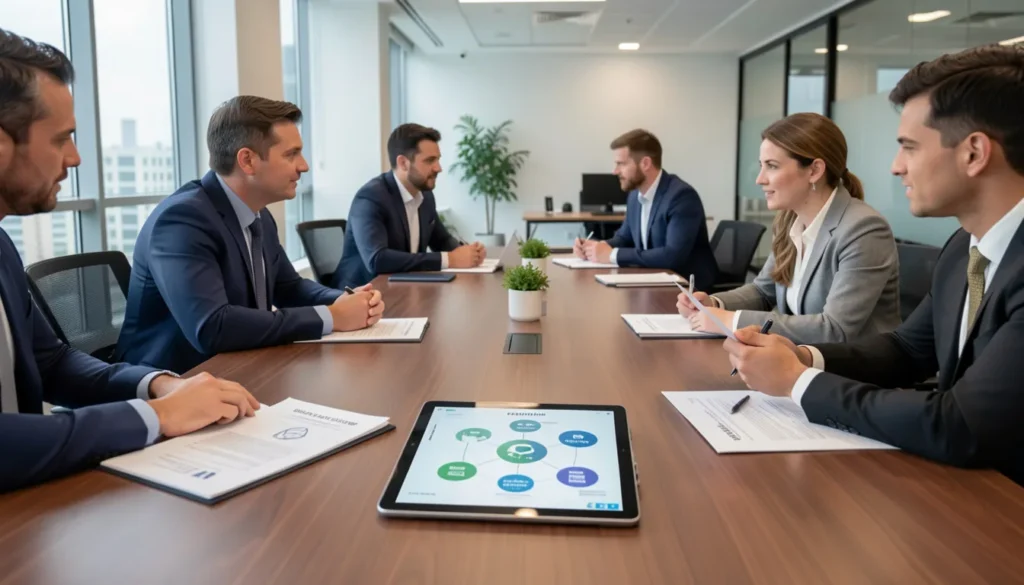 Business professionals reviewing governance structure for UAE foundations and asset protection.