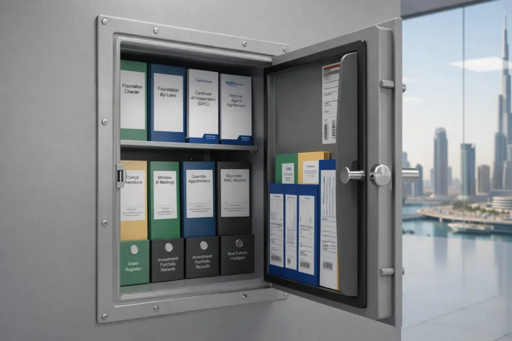 Secure vault with financial documents and readable text about asset protection and succession planning in DIFC.