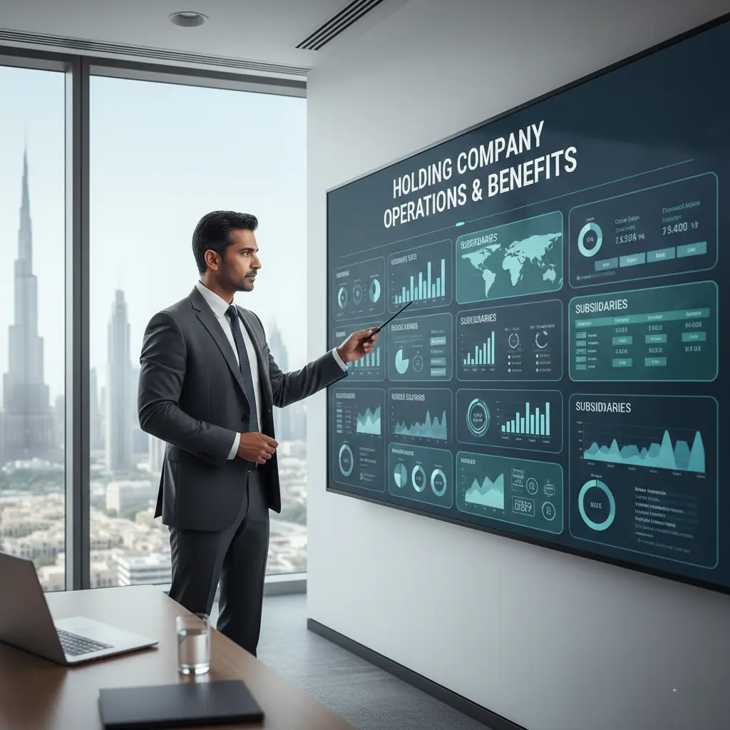 Executive supervising subsidiaries and assets using digital dashboard in office.