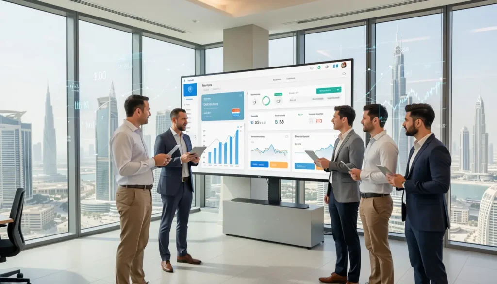 Fintech executives reviewing secure digital payment system in Dubai office.