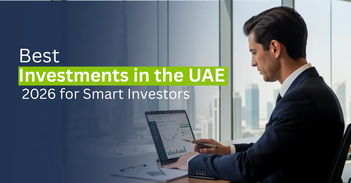 Professional investor analyzing financial data in a Dubai office, representing best investment opportunities in the UAE for 2026.