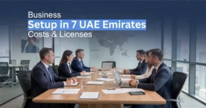 Corporate business expansion planning across the 7 UAE Emirates in a modern office setting.