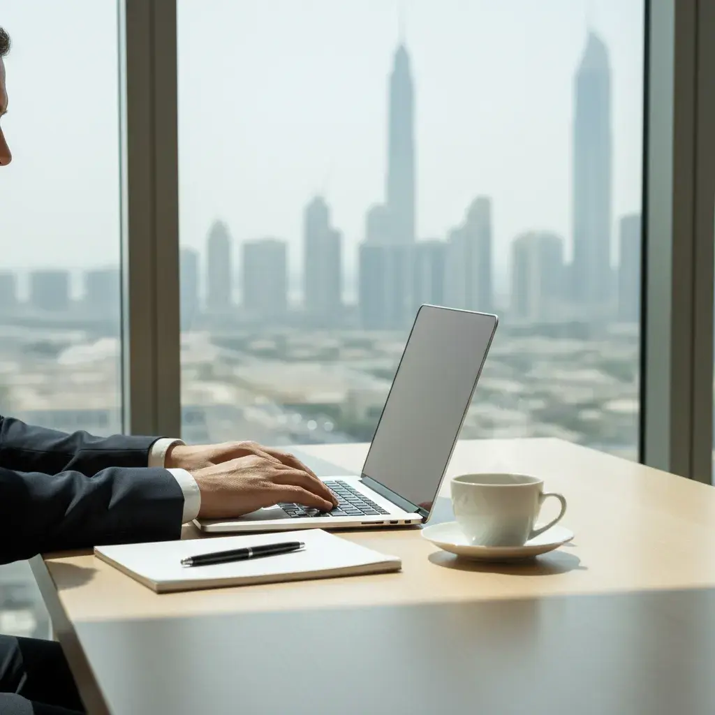 A close-up, professional shot of a businessman's hands typing on a laptop at a light wooden desk in a high-rise Dubai office. On the desk sits a white notepad with a black pen and a steaming cup of coffee. The large window in the background provides a bright, slightly blurred view of the iconic Dubai skyline under clear daylight.