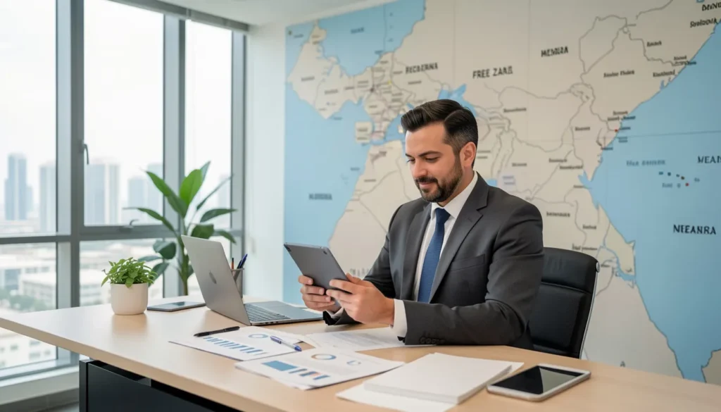 Entrepreneur analyzing different Dubai free zone options for company setup.