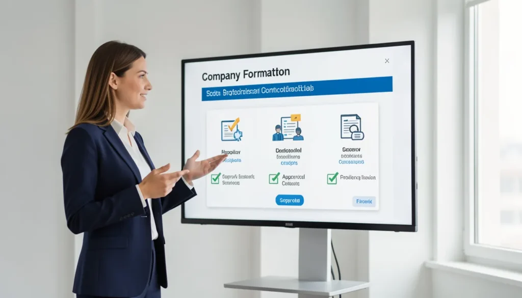 Business consultant explaining IFZA company setup process on digital presentation screen in Dubai meeting room.