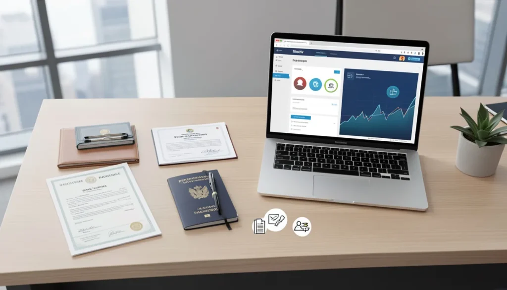 Organized business documents and laptop showing online banking portal for UAE corporate account setup.