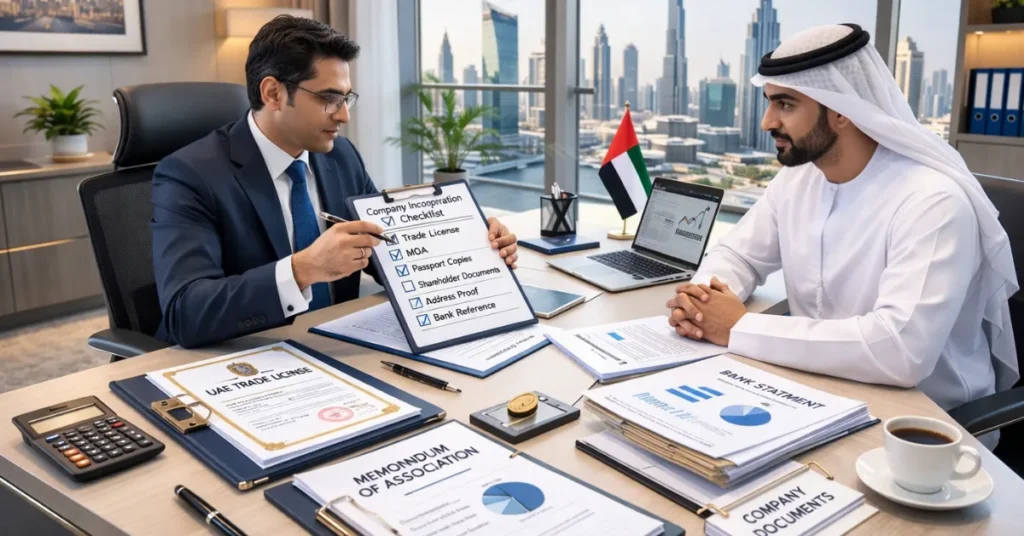 Flat-lay of Dubai freelance visa cost breakdown with passport, calculator, and Emirates ID card.