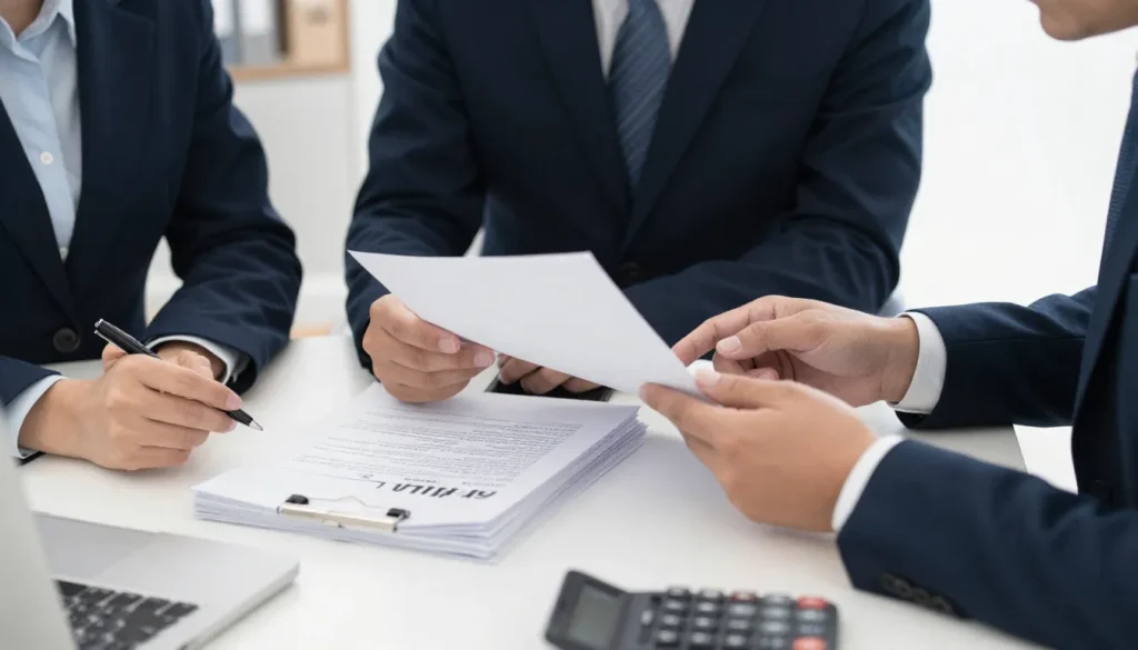 Business team reviewing local sponsor agreement and cost documents in office.
