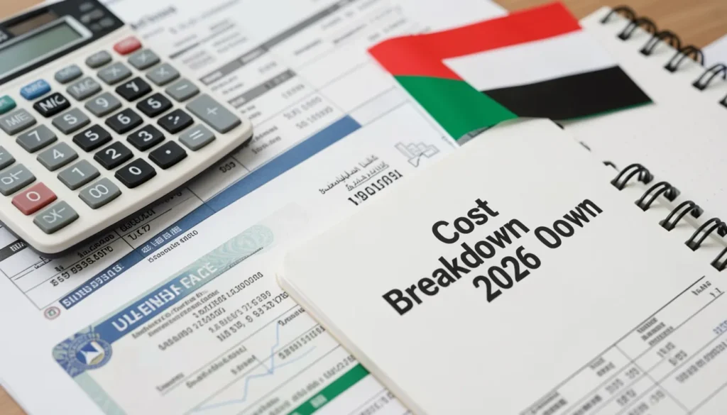 Flat-lay of IFZA company setup cost breakdown documents with calculator and UAE business license.