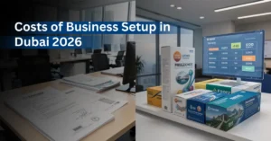 Cost comparison of Dubai mainland and freezone business setup with documents and digital chart.