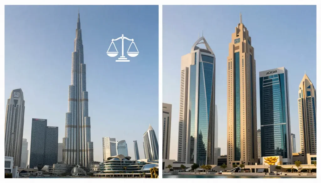 Visual comparison of DIFC Dubai and ADGM Abu Dhabi financial centers highlighting foundation structures.