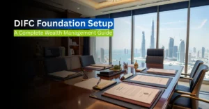 Luxury boardroom in Dubai with legal documents and readable headline about DIFC Foundation wealth management guide.