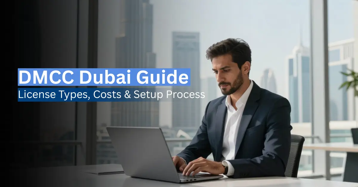 image showing a modern Dubai business professional working in an office with DMCC Free Zone towers in the background, representing DMCC Dubai company setup, license types, and costs.