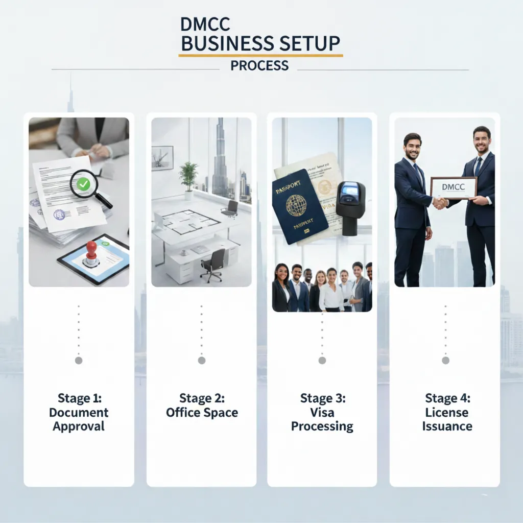 Visual guide explaining the DMCC company setup process, including registration, office space, and license approval.