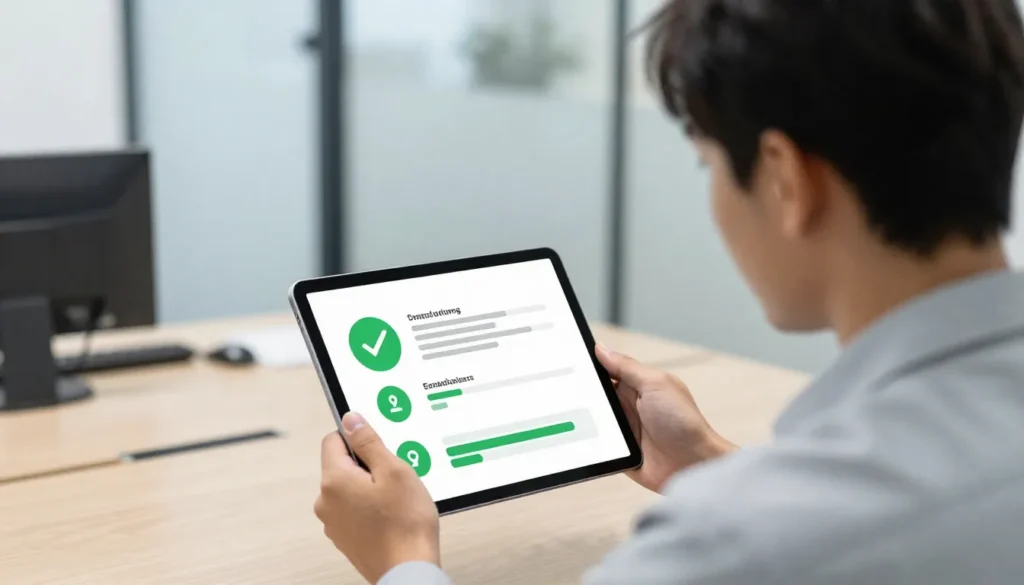 Entrepreneur completing digital onboarding for UAE business bank account using tablet in modern office.