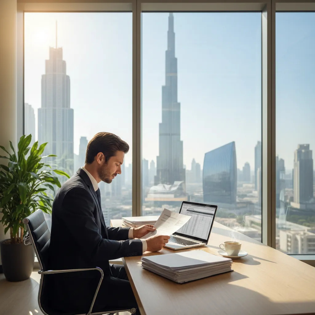 Professional business setting in Dubai showing an entrepreneur reviewing documents, representing business setup and operational opportunities.