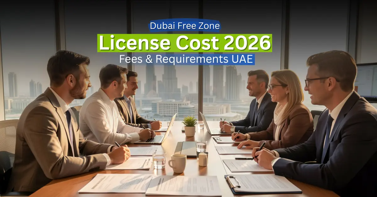 International entrepreneurs reviewing Dubai free zone business license documents in a modern office with Dubai skyline in the background.