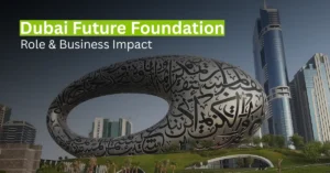 Business professionals outside Museum of the Future discussing innovation strategy in Dubai.