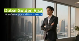 Professional overlooking Dubai skyline representing long-term Golden Visa residency opportunities.