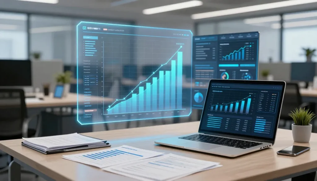 Digital business workspace showing growth charts and online marketplace visuals in a professional corporate environment.