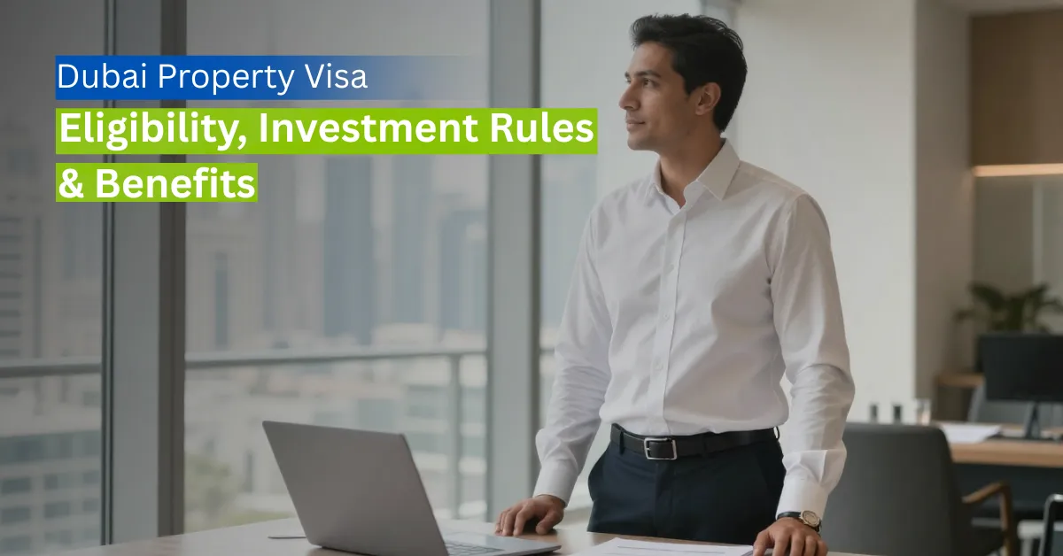 Property investor in a Dubai apartment overlooking the skyline, representing Dubai property visa eligibility and residency through real estate investment.