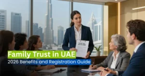 Financial advisor presenting family trust structure plan in UAE corporate office.