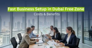 Fast business setup in Dubai free zone with modern offices, licensing documents, and Dubai skyline