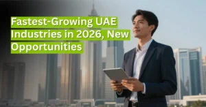 Business leader overlooking Dubai skyline, representing fastest-growing industries and new business opportunities in the UAE in 2026.