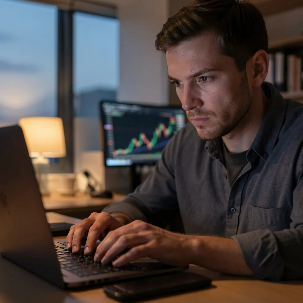 Investor analyzing stock market data on a laptop, representing UAE stock market and diversified investment portfolio strategies.
