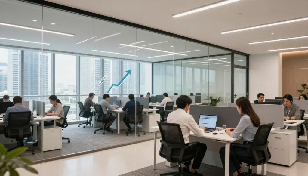 Dubai free zone office environment with professionals working in a modern, growth-oriented business space.