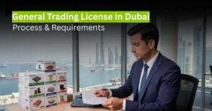 Business executive reviewing trade documents in Dubai office with skyline and headline text about General Trading License process and requirements.