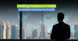 Corporate executive reviewing investment growth with Dubai skyline in background.
