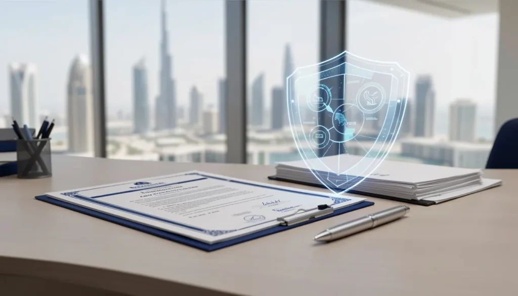 Dubai property documents and DIFC Foundation charter representing asset protection and legacy planning.