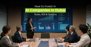 Investors analyzing AI financial growth data in modern Dubai corporate boardroom.