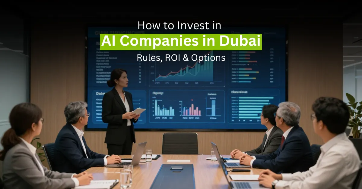 Investors analyzing AI financial growth data in modern Dubai corporate boardroom.