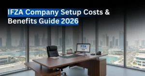 IFZA Company Setup 2026 trade license document on executive desk in modern Dubai office overlooking Dubai Silicon Oasis skyline.